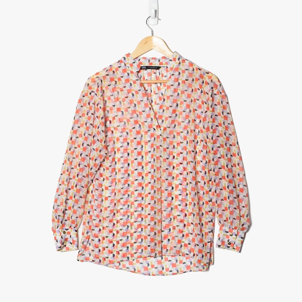 Zara Women's XS Semi-Sheer Gauze Long Sleeve Blouse Geometric